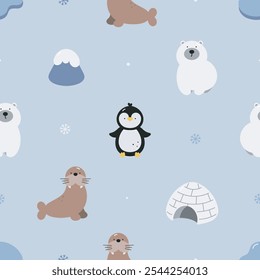 Seamless pattern with cute arctic animals. Flat vector background. Winter design. Creative texture for fabric, wrapping, textile, wallpaper, apparel.	