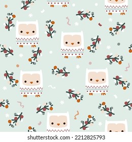 Seamless pattern with cute arctic owl and Christmas tree branches. Vector hand drawn illustration.