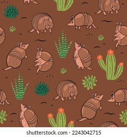 Patrón sin foco con armadillos lindos en el desierto. Gráficos vectoriales.