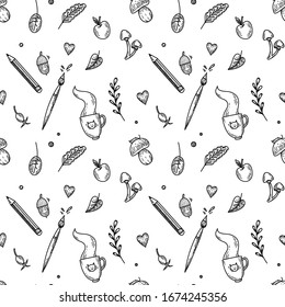 Seamless pattern with cute artist objects and nature elements. Autumn cute hand-drawn background.
