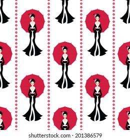 seamless pattern with Cute Asian Girl Character on black kimono