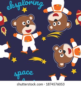 Seamless pattern cute astronaut  bear in space with cartoon style. space rockets, planets, stars. Creative vector childish background for fabric, textile, nursery wallpaper, card, poster.