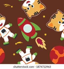 Seamless pattern cute astronaut  cat in space with cartoon style. space rockets, planets, stars. Creative vector childish background for fabric, textile, nursery wallpaper, card, poster.