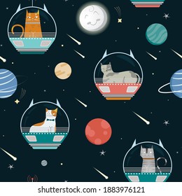 Seamless pattern with cute astronaut cats in their spaceships among planets, stars and comets. Vector illustration for children.