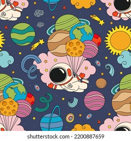 seamless pattern with cute astronaut flying on the planets