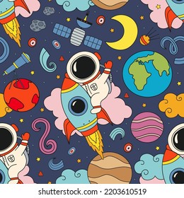  seamless pattern  with cute astronaut flying on a rocket in space