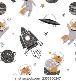 Seamless pattern with cute astronaut foxes, planets and stars for children's textiles