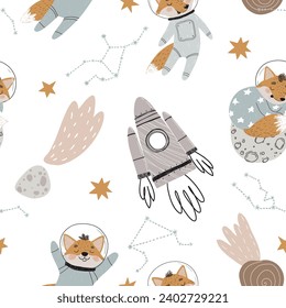 Seamless pattern with cute astronaut foxes, planets and stars for children's textiles