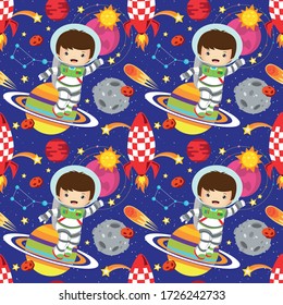 seamless pattern with cute astronaut in the galaxy, textile fabric pattern print, wrapping paper, book cover, face mask, pajamas and bedding pattern for kids illustration