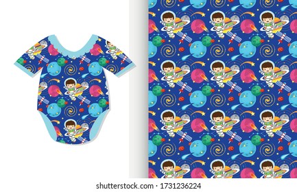 Nahtloses Muster mit süßem Astronauten in der Galaxie, Stoffmuster-Druck, Packpapier, Buchabdeckung, Schlafanzüge und Bettmuster für Kinderfotografie