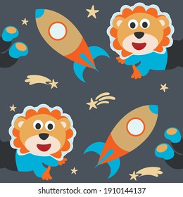 Seamless pattern cute astronaut  lion in space with cartoon style. space rockets, planets, stars. Creative vector childish background for fabric, textile, nursery wallpaper, card, poster.