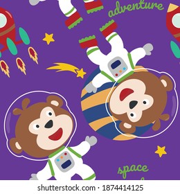 Seamless pattern cute astronaut  monkey in space with cartoon style. space rockets, planets, stars. Creative vector childish background for fabric, textile, nursery wallpaper, card, poster.