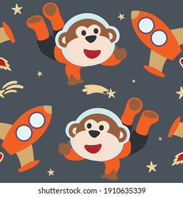 Seamless pattern cute astronaut  monkey in space with cartoon style. space rockets, planets, stars. Creative vector childish background for fabric, textile, nursery wallpaper, card, poster.