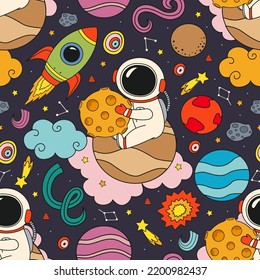 seamless pattern  with cute astronaut sitting on planet with moon