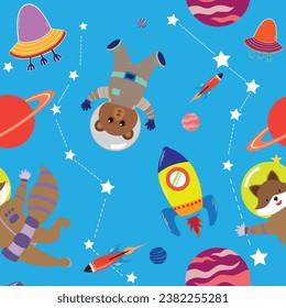 Seamless pattern cute astronaut teddy bear and fox in space on navy blue background illustration vector.