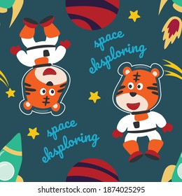Seamless pattern cute astronaut  tiger in space with cartoon style. space rockets, planets, stars. Creative vector childish background for fabric, textile, nursery wallpaper, card, poster.