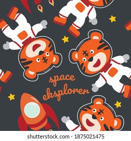 Seamless pattern cute astronaut  tiger in space with cartoon style. space rockets, planets, stars. Creative vector childish background for fabric, textile, nursery wallpaper, card, poster.