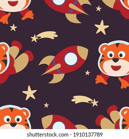 Seamless pattern cute astronaut  tiger in space with cartoon style. space rockets, planets, stars. Creative vector childish background for fabric, textile, nursery wallpaper, card, poster.