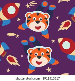 Patrón sin foco tigre astronauta lindo en el espacio con estilo de dibujos animados. cohetes espaciales, planetas, estrellas. Vector creativo de fondo infantil para tela, textil, papel tapiz, tarjeta, afiche.