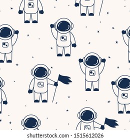 Seamless pattern with cute astronauts. Cartoon spaceman silhouette background. Futuristic cosmonaut wallpaper for kids.
