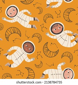 Seamless pattern with cute astronauts and moon on a mustard background. Space digital background with vector hand drawn elements. Seamless pattern for kids fabric, textile.