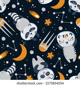 seamless pattern with cute astronauts raccoon tiger panda - vector illustration, eps