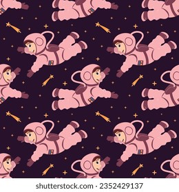 Seamless pattern with cute astronauts and shooting stars in zero gravity in cartoon style. Space travel. Cosmic children's background. Vector illustration.