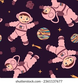 Seamless pattern with cute astronauts, shooting stars, planets and meteorites in zero gravity in cartoon style. Space travel. Cosmic children's background. Vector illustration.