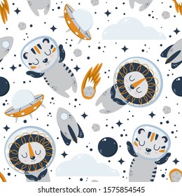 seamless pattern with cute astronauts tiger lion on a white background - vector illustration, eps