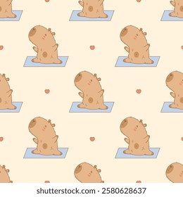 Seamless Pattern Cute athlete capybara stretching fitness on yoga mat. Funny cartoon kawaii animal yogi on beige background. Vector illustration. Sports hobby template