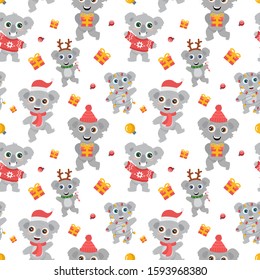 seamless pattern of cute Australian koalas wombats with big eyes in a deer costume with a lollipop, in a red sweater with a gift a Christmas garland, smiling and dancing. New Year flat vector cartoon 