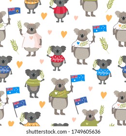 Seamless Pattern with cute australian symbol - koalas. Funny animals with flags in t-shirts. Decorative elements - eucalyptus sticks, hearts, lettering.  Cartoon hand drawn characters. White backprop