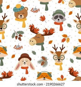 seamless pattern with cute autumn animal faces