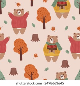 seamless pattern with cute autumn bear and trees