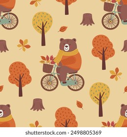 seamless pattern with cute autumn bear on bicycle and trees