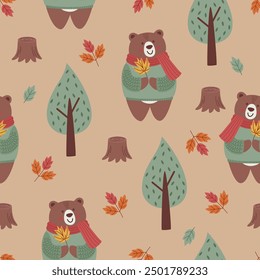 seamless pattern with cute autumn bear and tree