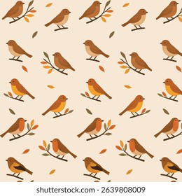Seamless pattern with cute autumn birds sitting on tree branches with colorful fall leaves. Hand-drawn in cozy woodland style. Great for wrapping paper, fabric design, children’s goods, stationery