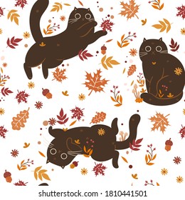 Seamless pattern with cute autumn cats. Vector graphics.