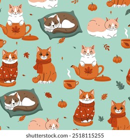 Seamless pattern with cute autumn cats. Vector graphics.