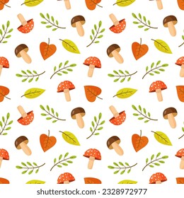 Seamless pattern with cute autumn elements. Mushrooms and leaves.