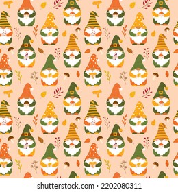 Seamless pattern and cute autumn gnomes holding mushroom  leaves  twigs in their hands  Backdrop cartoon forest dwarfs for wrapping paper  wallpaper  textile  Vector characters light background