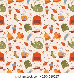 Seamless pattern with cute autumn illustration, stickers with homely cute things. Vector design  Socks, kettle, sweater, shoes, cup, hat