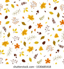 Seamless pattern with cute autumn leaf and small fruit in scandinavian style. Perfect for wallpaper, gift paper, pattern fills, web page background, autumn greeting cards. Vector Illustration