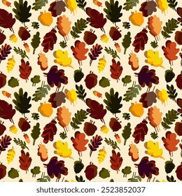 Seamless pattern of cute autumn leaves, acorns, cartoon vector illustrations. Vector illustration for fabric design, packaging, stationery.