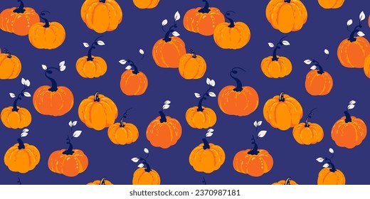 Seamless pattern with cute, autumn pumpkins. Vector hand drawn pumpkin print. Perfect for fall, Thanksgiving, Halloween, holidays.  Template for design, paper, cover, fabric, interior decor, textile