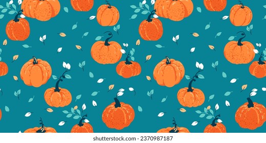 Seamless pattern with cute, autumn pumpkins and leaves. Vector hand drawn abstract pumpkin print. Perfect for fall, Thanksgiving, Halloween, holidays. Template for design, fabric, interior decor