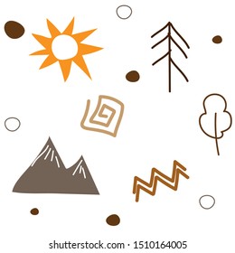 Seamless pattern of cute autumn summer background for baby scrapbook, Collection folk of graphic elements tree, branch, sun, arrows, spiral. Design scandinavian Nordic style vector illustration