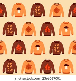 Seamless pattern with cute autumn sweaters. Brown and orange pullovers on beige background. Cartoon flat style. Vector illustration