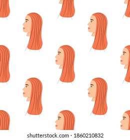Patrón sin foco con un lindo avatar de una chica asombrosa con un fondo blanco. Perfil de una joven en vista lateral en estilo plano. Felices caras relajadas de la gente.
Ilustración vectorial de stock para diseño