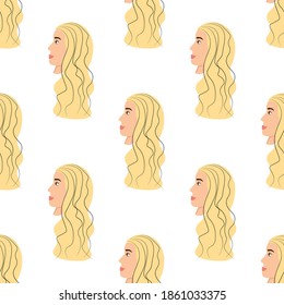 Patrón sin foco con un lindo avatar de una chica brillante de fondo blanco. Perfil de una joven en vista lateral en estilo plano. Felices caras relajadas de la gente.
Ilustración vectorial de stock para diseño